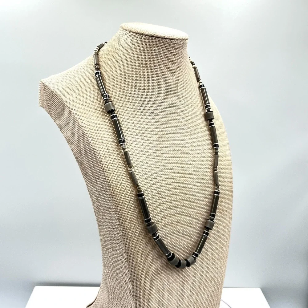 Vintage Retro Earthy Grey Stone & Wood Tube Bead Necklace‎ Boho Tribal Style